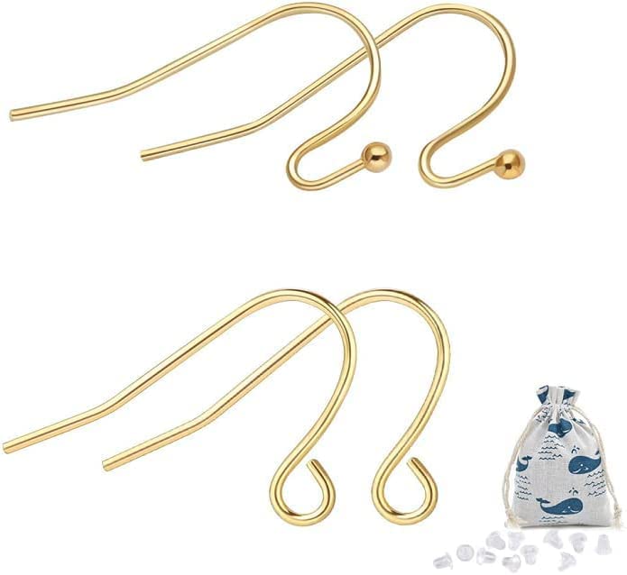 14K Gold Earring Hooks Real Hypoallergenic 100Pcs Ball Dot Ear Wires + Fish Hooks Jewelry Making Supplies Findings with 100Pcs Clear Rubber Earring Backs for DIY Jewely