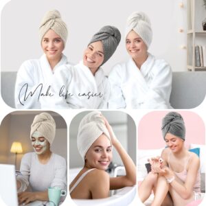 YFONG 3 Pack Large Microfiber Hair Towel Wrap, 30" x 10" Anti Frizz Quick Dry Hair Towels for Women Long, Curly, Thick Hair, Super Absorbent Hair Turban for Wet Hair (Grey, White, Camel)