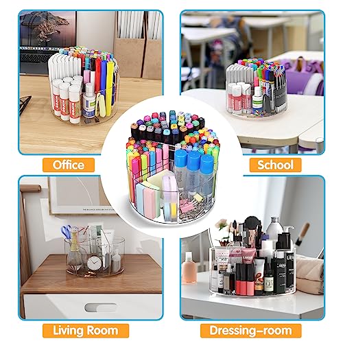 Mefirt Acrylic Pen Holder, Large 360 Degree Rotating Pen Organizer, Rotating Desk Organizer Acrylic Office Organizer with 6 Compartments, Marker Organizer Kid Crayon Caddy Art Supply Storage Organizer