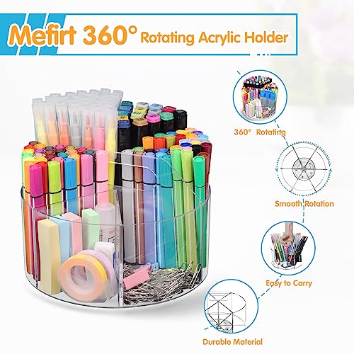 Mefirt Acrylic Pen Holder, Large 360 Degree Rotating Pen Organizer, Rotating Desk Organizer Acrylic Office Organizer with 6 Compartments, Marker Organizer Kid Crayon Caddy Art Supply Storage Organizer