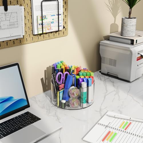 Mefirt Acrylic Pen Holder, Large 360 Degree Rotating Pen Organizer, Rotating Desk Organizer Acrylic Office Organizer with 6 Compartments, Marker Organizer Kid Crayon Caddy Art Supply Storage Organizer