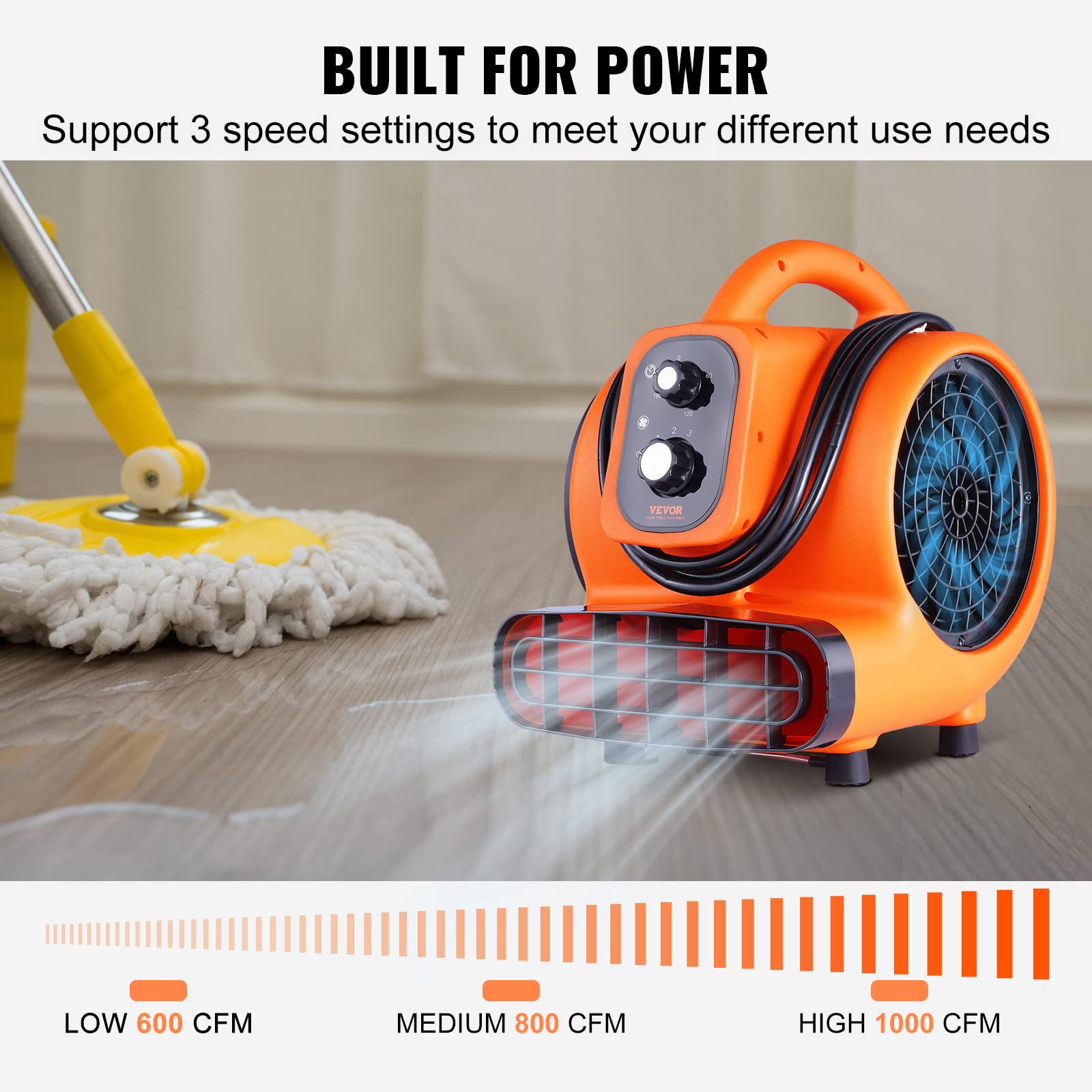 VEVOR Air Mover, 1/4 HP 1000 CFM Carpet Dryer for Cooling and Ventilating, Portable Floor Blower Fan with 4 Blowing Angles and Time Function, for Janitorial, Home, Commercial Use