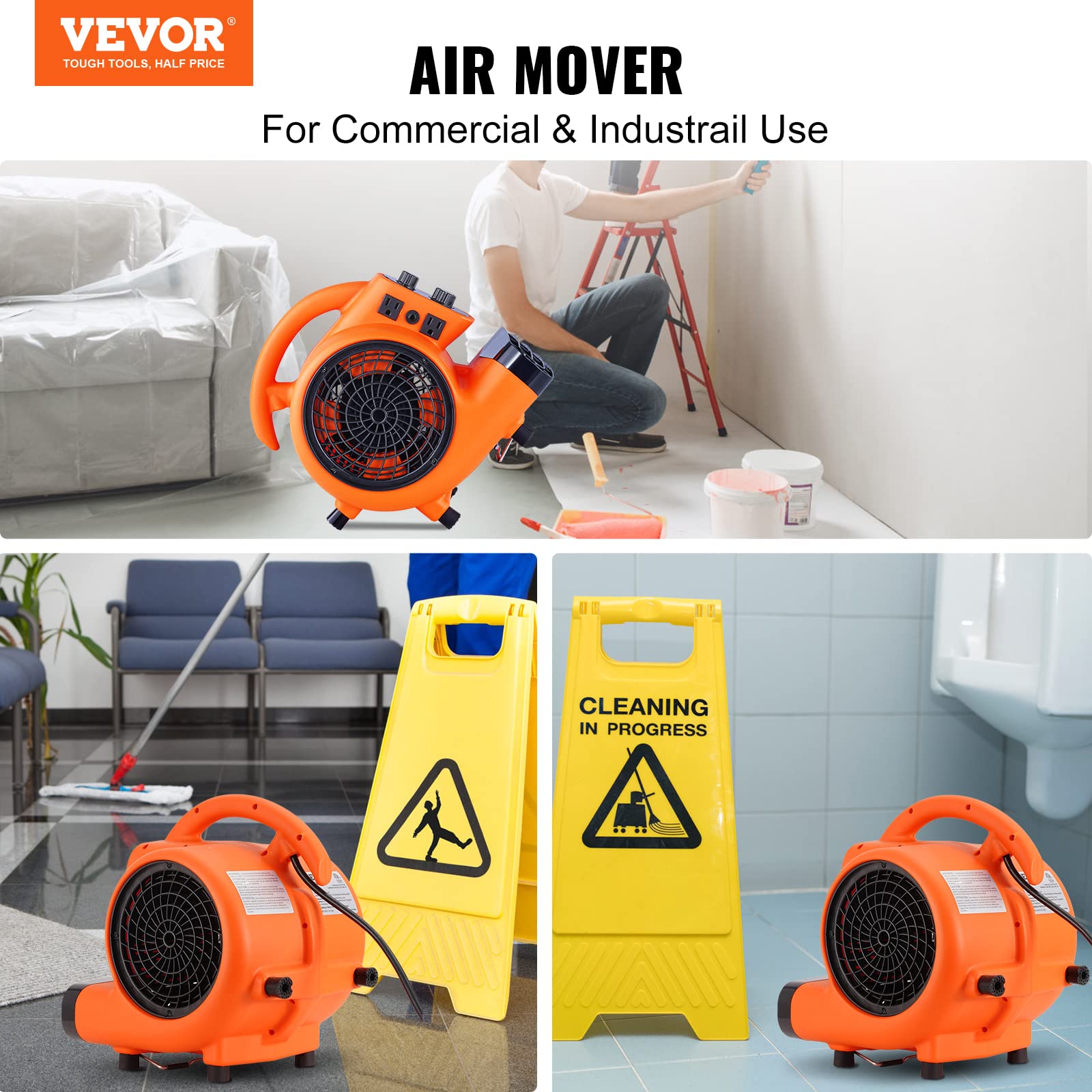 VEVOR Air Mover, 1/4 HP 1000 CFM Carpet Dryer for Cooling and Ventilating, Portable Floor Blower Fan with 4 Blowing Angles and Time Function, for Janitorial, Home, Commercial Use