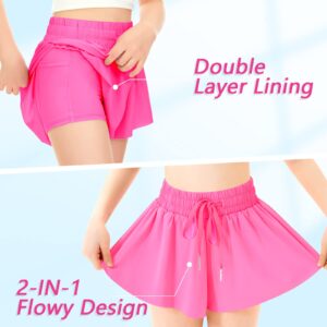 QooNoo Girls Butterfly Shorts with Pocket Flowy Athletic Shorts High Waist Preppy Running Shorts for Kids Teen (Hot Pink,Large)