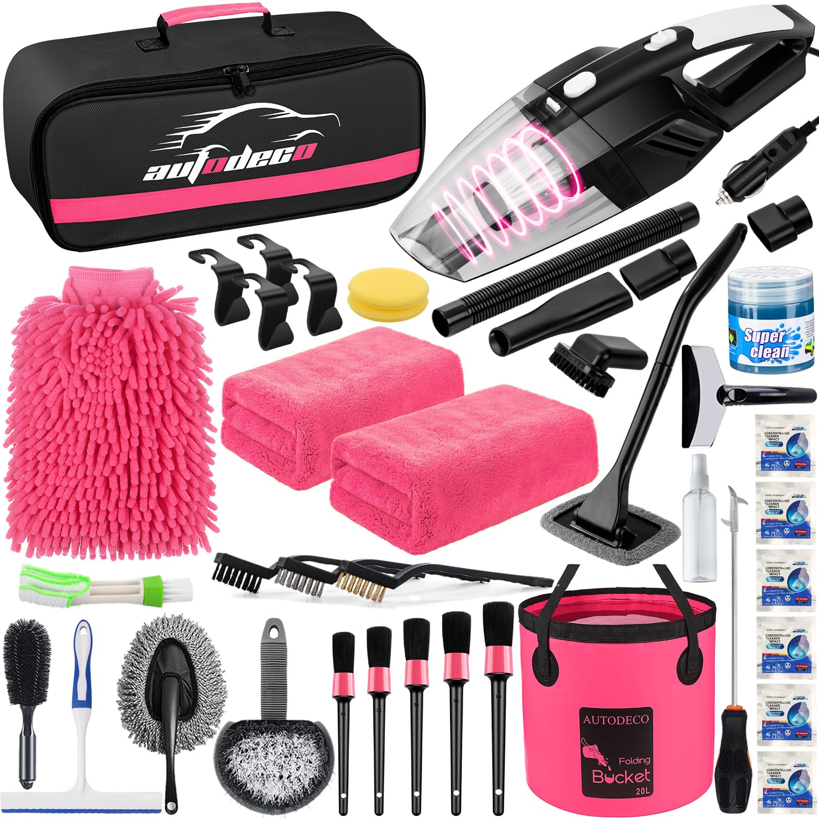 AUTODECO 41Pcs Car Cleaning Wash Kit Interior Detailing Cleaner Kit with High Power Handheld Vacuum, Collapsible Bucket, Windshield Tool, Gel, Snow Shovel, Tire Brush, Complete Car Care Tools, Pink