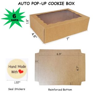 Cookie Boxes With Window Giving Gift,6PK Kraft Bakery Boxes For Macaron,Candy,Cakesicle,Chocolate,Truffle Packaging,Small Treat Cookie Containers For Christmas,Birthday,Wedding,Party 7x4.8x1.8"