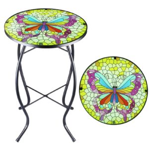 patio side table outdoor mosaic table accent coffee table,plant end table small porch colorful butterfly indoor,round glass balcony small porch plant table stands for garden patio living room 14 inch