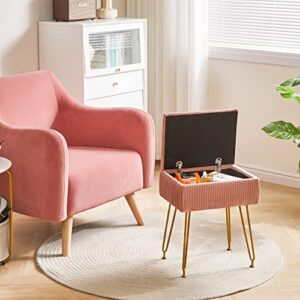 YMYNY Vanity Stool Chair with Storage, Square Velvet Ottoman Foot Stool, Modern Multifunctional Makeup Stool for Bedroom, Living Room, Office, Gold Legs, 18.9 * 15.75 * 11.6", Pink, UHBD024P