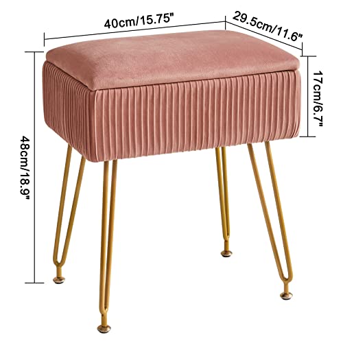 YMYNY Vanity Stool Chair with Storage, Square Velvet Ottoman Foot Stool, Modern Multifunctional Makeup Stool for Bedroom, Living Room, Office, Gold Legs, 18.9 * 15.75 * 11.6", Pink, UHBD024P