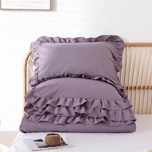 JANZAA Comforters Queen Size Grayish Purple Comforter Set Queen 3PCS(1 Ruffled Comforter Set and 2 Pillowcases) Shabby Chic Bedding Vintage Soft Fluffy Bed Set for All Season