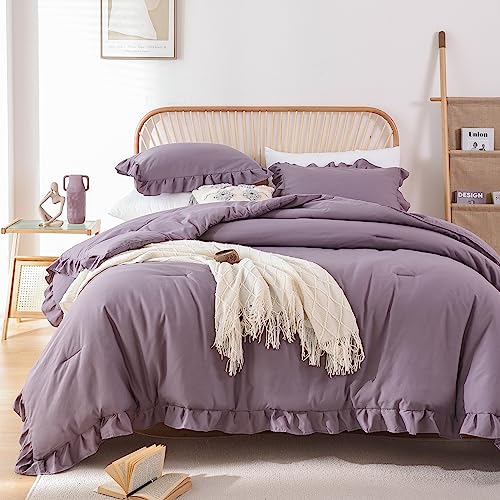 JANZAA Comforters Queen Size Grayish Purple Comforter Set Queen 3PCS(1 Ruffled Comforter Set and 2 Pillowcases) Shabby Chic Bedding Vintage Soft Fluffy Bed Set for All Season