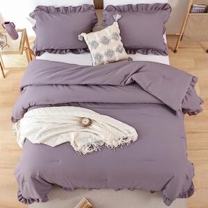 JANZAA Comforters Queen Size Grayish Purple Comforter Set Queen 3PCS(1 Ruffled Comforter Set and 2 Pillowcases) Shabby Chic Bedding Vintage Soft Fluffy Bed Set for All Season