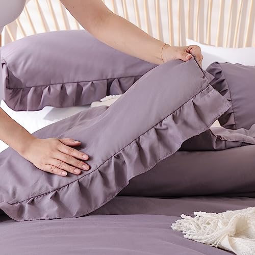 JANZAA Comforters Queen Size Grayish Purple Comforter Set Queen 3PCS(1 Ruffled Comforter Set and 2 Pillowcases) Shabby Chic Bedding Vintage Soft Fluffy Bed Set for All Season