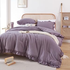 JANZAA Comforters Queen Size Grayish Purple Comforter Set Queen 3PCS(1 Ruffled Comforter Set and 2 Pillowcases) Shabby Chic Bedding Vintage Soft Fluffy Bed Set for All Season