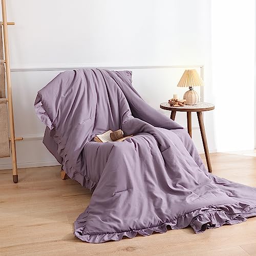 JANZAA Comforters Queen Size Grayish Purple Comforter Set Queen 3PCS(1 Ruffled Comforter Set and 2 Pillowcases) Shabby Chic Bedding Vintage Soft Fluffy Bed Set for All Season