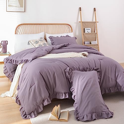 JANZAA Comforters Queen Size Grayish Purple Comforter Set Queen 3PCS(1 Ruffled Comforter Set and 2 Pillowcases) Shabby Chic Bedding Vintage Soft Fluffy Bed Set for All Season