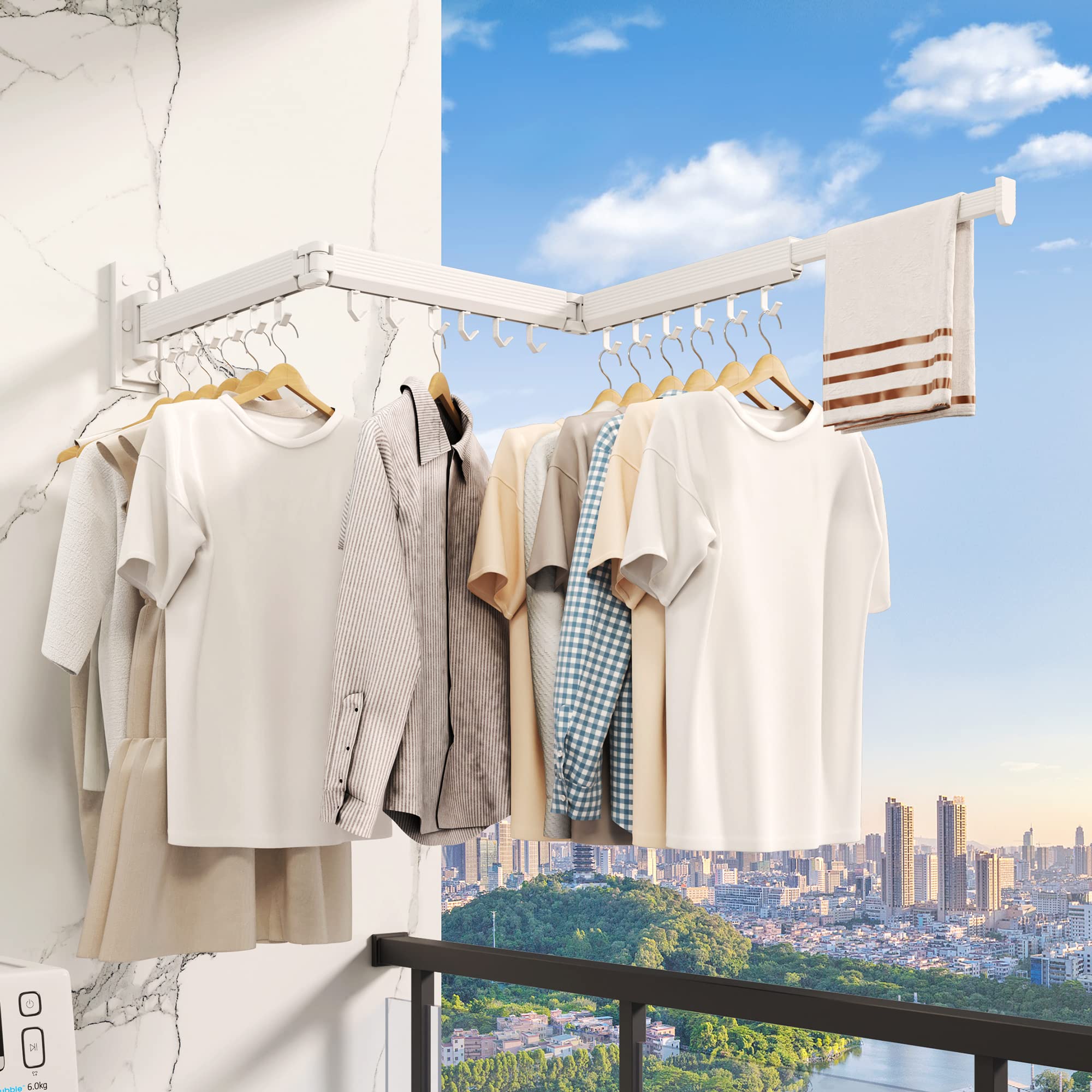 CHAHUANV Clothes Drying Rack,Laundry Drying Rack, Drying Rack Wall Mount,Wall Mounted Clothes Rack,Drying Rack Clothing,Retractable Laundry Rack for Hanging Clothes,Collapsible,Foldable,White-Hooks