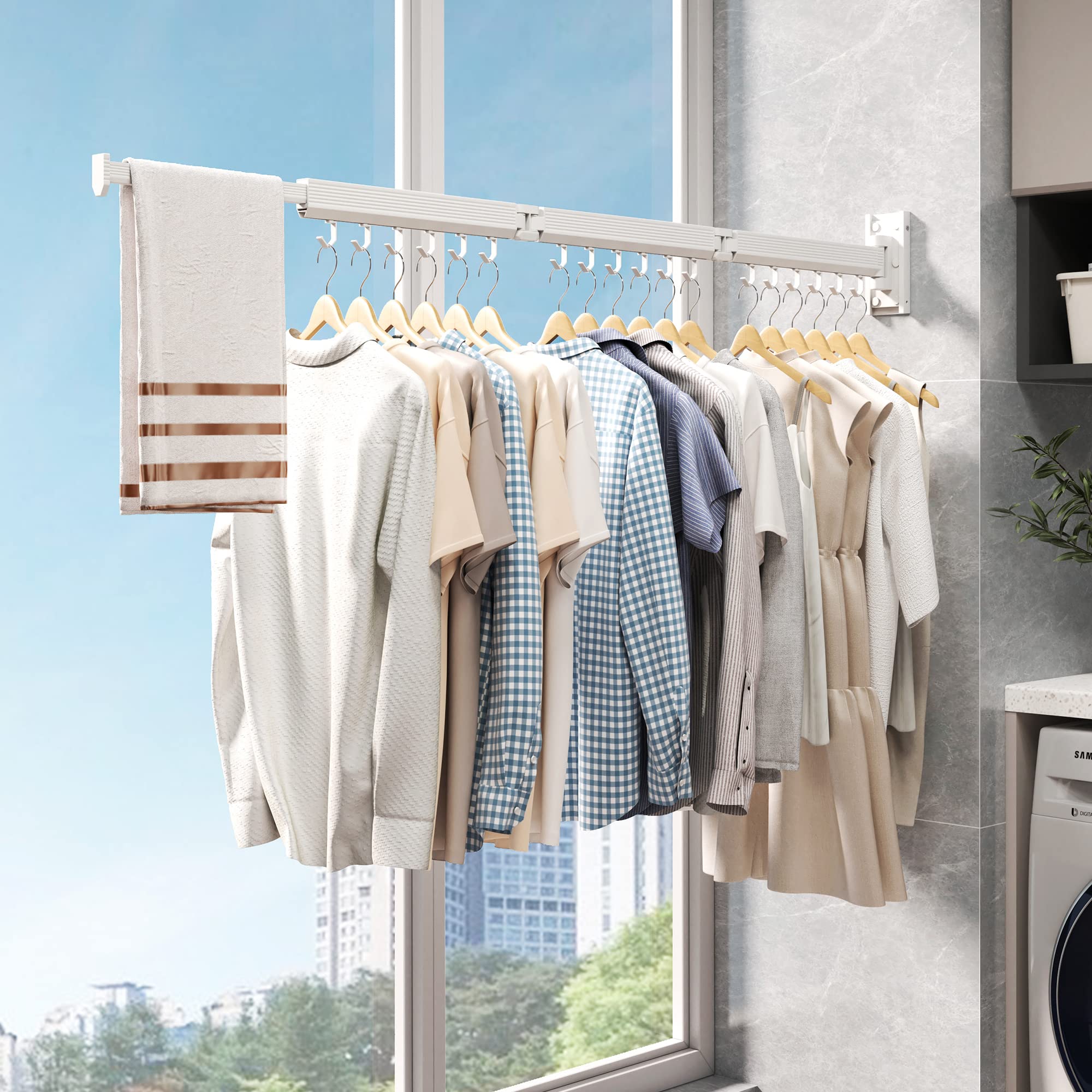 CHAHUANV Clothes Drying Rack,Laundry Drying Rack, Drying Rack Wall Mount,Wall Mounted Clothes Rack,Drying Rack Clothing,Retractable Laundry Rack for Hanging Clothes,Collapsible,Foldable,White-Hooks