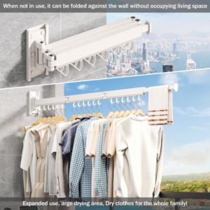 CHAHUANV Clothes Drying Rack,Laundry Drying Rack, Drying Rack Wall Mount,Wall Mounted Clothes Rack,Drying Rack Clothing,Retractable Laundry Rack for Hanging Clothes,Collapsible,Foldable,White-Hooks