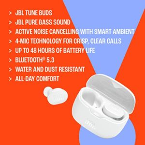 JBL Tune Buds - True wireless Noise Cancelling earbuds, JBL Pure Bass Sound, Bluetooth 5.3, 4-Mic technology for Crisp, Clear Calls, Up to 48 hours of battery life, Water and dust resistant (White)