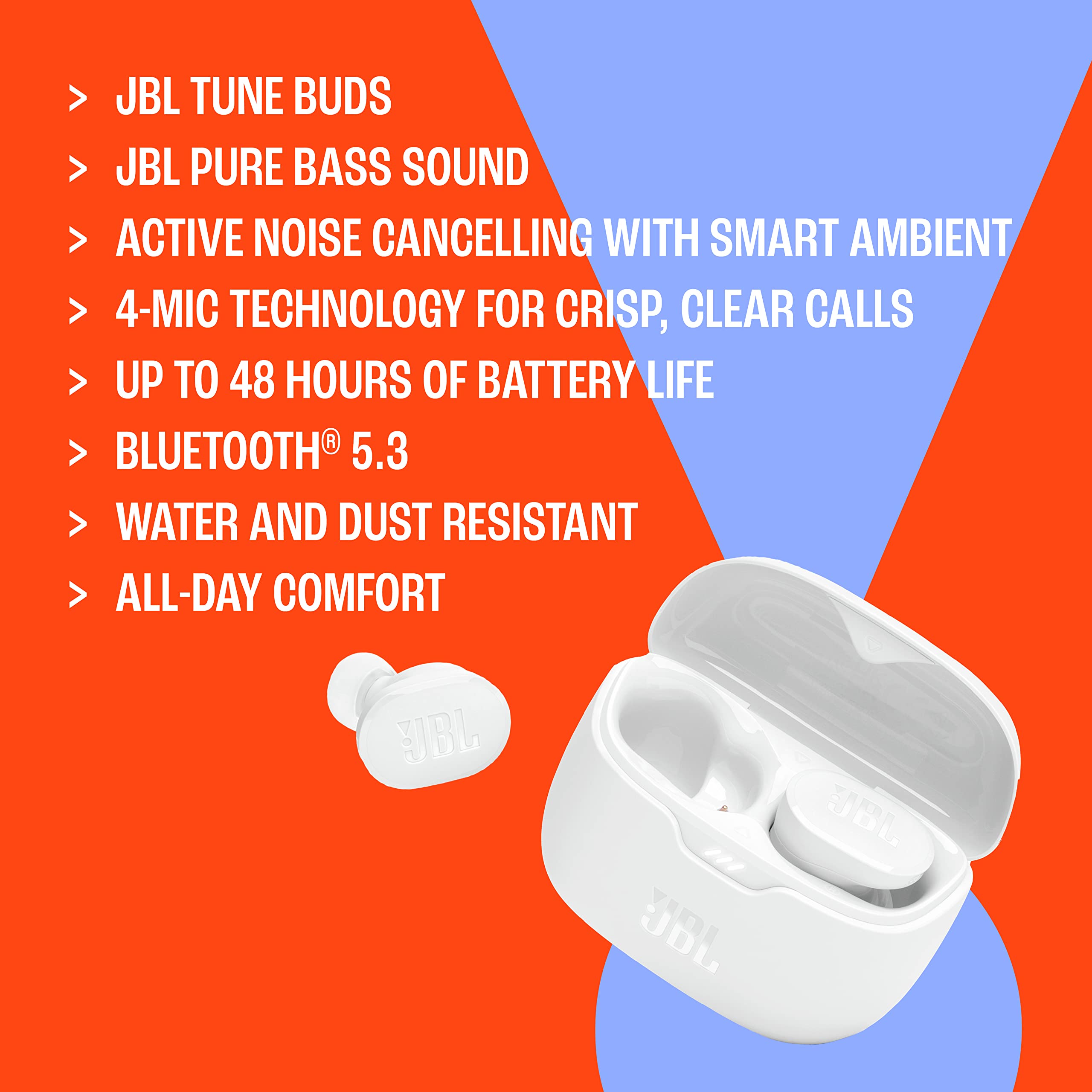 JBL Tune Buds - True wireless Noise Cancelling earbuds, JBL Pure Bass Sound, Bluetooth 5.3, 4-Mic technology for Crisp, Clear Calls, Up to 48 hours of battery life, Water and dust resistant (Blue)