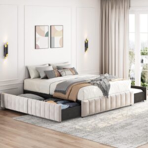 yaheetech queen bed frame upholstered platform bed with 4 storage drawers, large storage space/strong wooden slats/non-slip and noise-free/no fixed headboard/no box spring needed/beige queen bed