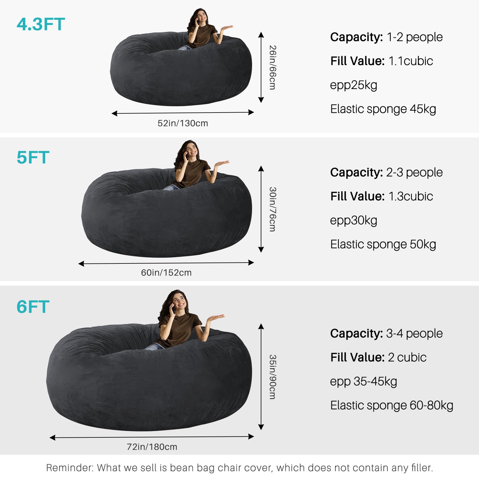 Oversized Bean Bag Chair Cover for Adults,Living Room Furniture Soft Washable Microfiber Kids Bean Bag Chair Cover,Lazy Sofa Bed Cover PV Velvet Bean Bag Cover (No Chair) (Light Gray, 6FT 150 * 75cm)