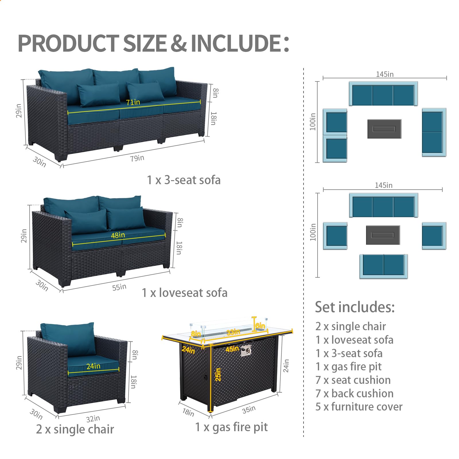 Patio Furniture Set with 45In Fire Pit 5 Pieces Outdoor Furniture Sets Patio Couch Outdoor Chairs 60000 BTU Wicker Propane Fire Pit Table with No-slip Cushions and Waterproof Covers, Peacock Blue