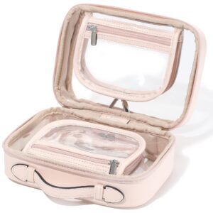 Veki TSA Approved Toiletry Bag Transparent Makeup bag Double Travel Cosmetic bags Case Waterproof Toiletries Bag Large Capacity Open Storage bag Organizer for Women and Girls (Small Pink)