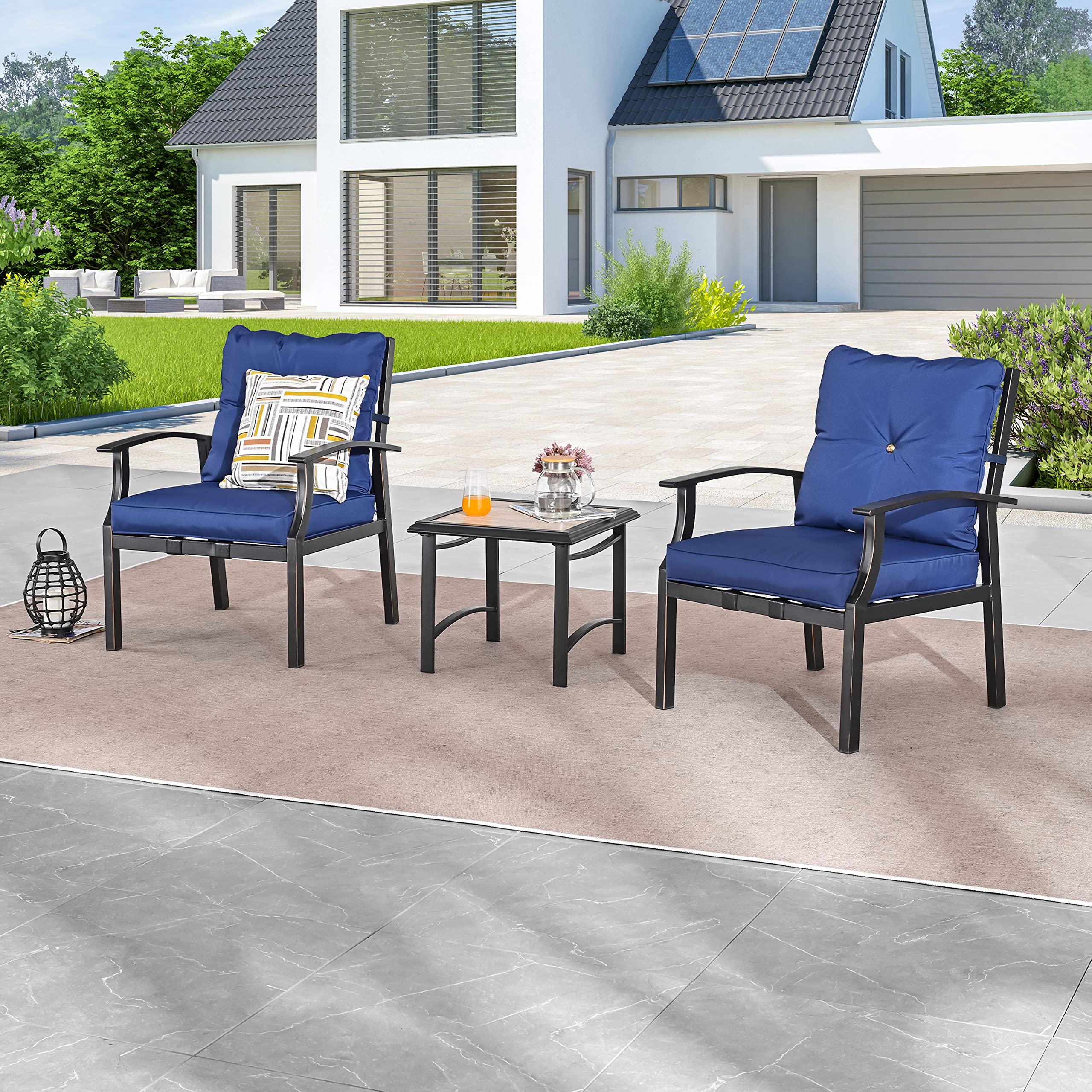 LOKATSE HOME 3 Piece Bistro Set with Square Side Table for Balcony Lounge Porch Yard, Blue