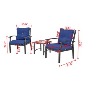 LOKATSE HOME 3 Piece Bistro Set with Square Side Table for Balcony Lounge Porch Yard, Blue