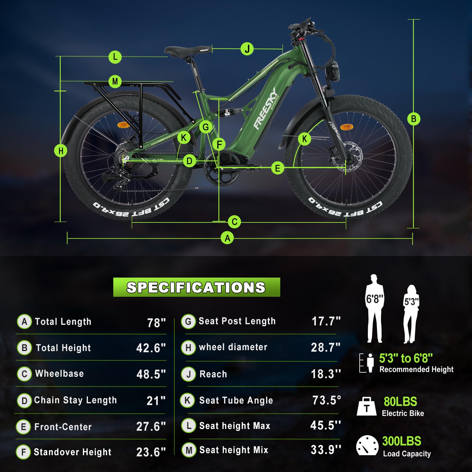 FREESKY 2024 Upgraded Electric Bike 𝟏𝟖𝟎𝟎𝐖, 48V 25Ah Battery Ebike for Adults, 26" Fat Tire Electric Bicycle 35MPH Full Suspension Mountain Beach E Bike, Up to 105 Miles Range