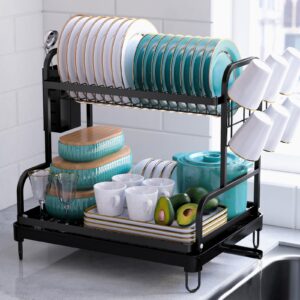 kitsure 2-tier dish drying rack - large kitchen counter dish drainer with cutlery holder & cup holder, 4064bl