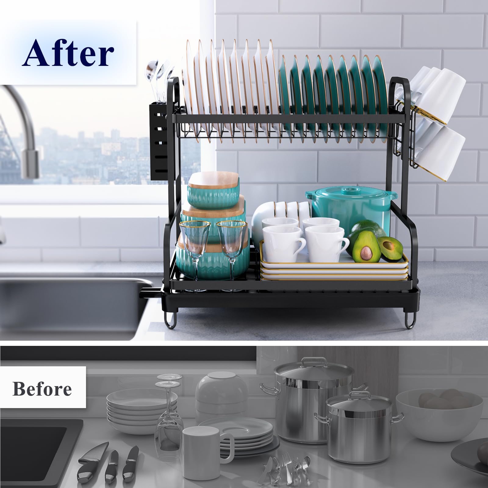 Kitsure 2-Tier Dish Drying Rack - Large Kitchen Counter Dish Drainer with Cutlery Holder & Cup Holder, 4064BL