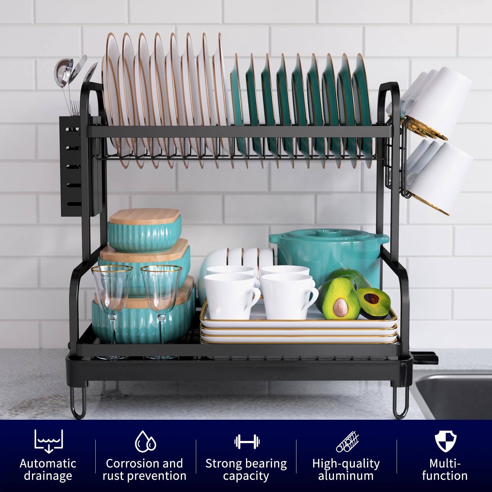 Kitsure 2-Tier Dish Drying Rack - Large Kitchen Counter Dish Drainer with Cutlery Holder & Cup Holder, 4064BL