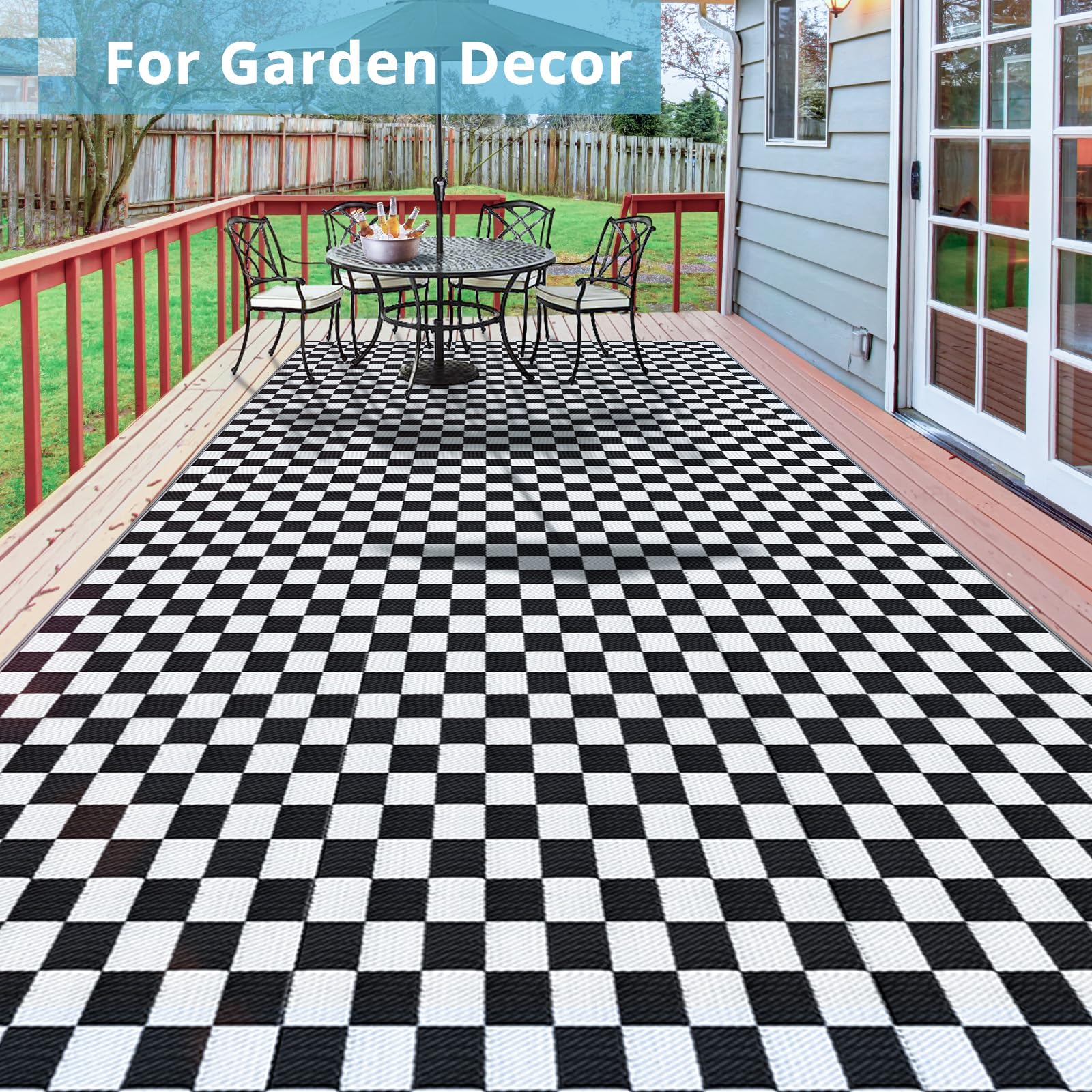 GOTGELIF Black and White Classic Checkerboard Outdoor Area Rug 9x12FT, Reversible & Water-Resistance & Portable Plastic Straw Rug for RV Trips, Picnic, Camping, Outdoor, Garden, Patio