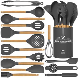 Cooking Kitchen Utensils Set, AIKKIL 16 Pcs Silicone Cooking Utensils Set with Holder, Heat Resistance, Wooden Handle Grey Kitchen Gadgets Utensil Set for Nonstick Cookware