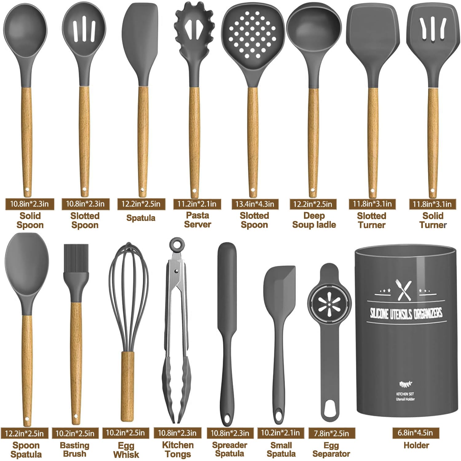 Cooking Kitchen Utensils Set, AIKKIL 16 Pcs Silicone Cooking Utensils Set with Holder, Heat Resistance, Wooden Handle Grey Kitchen Gadgets Utensil Set for Nonstick Cookware