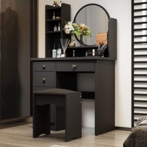 ecacad vanity desk set with round mirror, makeup dressing table with 5 drawers, storage shelves & cushioned stool for bedroom, black