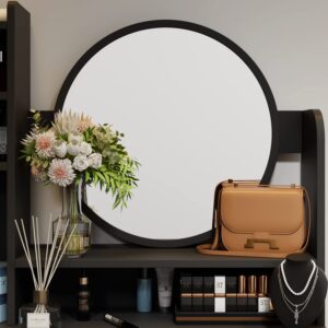 ECACAD Vanity Desk Set with Round Mirror, Makeup Dressing Table with 5 Drawers, Storage Shelves & Cushioned Stool for Bedroom, Black