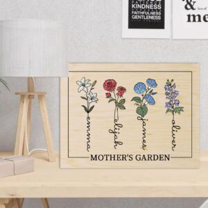 Bohva Personalized Gifts for Mom Wife Birth Month Flower with Name Mothers Garden, Custom Wall Art Print On Wood Mothers Day Anniversary Birthday Gifts from Daughter Son Husband