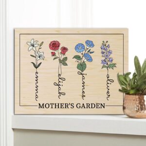 Bohva Personalized Gifts for Mom Wife Birth Month Flower with Name Mothers Garden, Custom Wall Art Print On Wood Mothers Day Anniversary Birthday Gifts from Daughter Son Husband