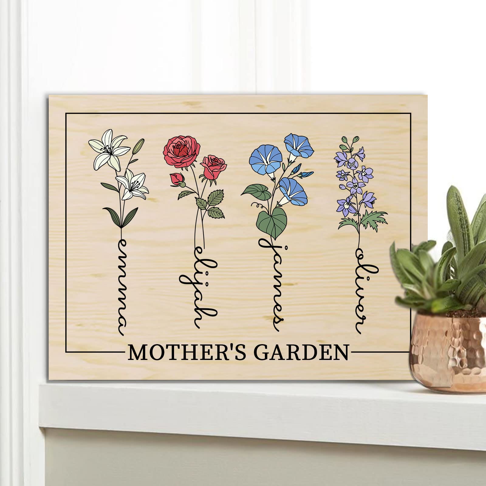 Bohva Personalized Gifts for Mom Wife Birth Month Flower with Name Mothers Garden, Custom Wall Art Print On Wood Mothers Day Anniversary Birthday Gifts from Daughter Son Husband