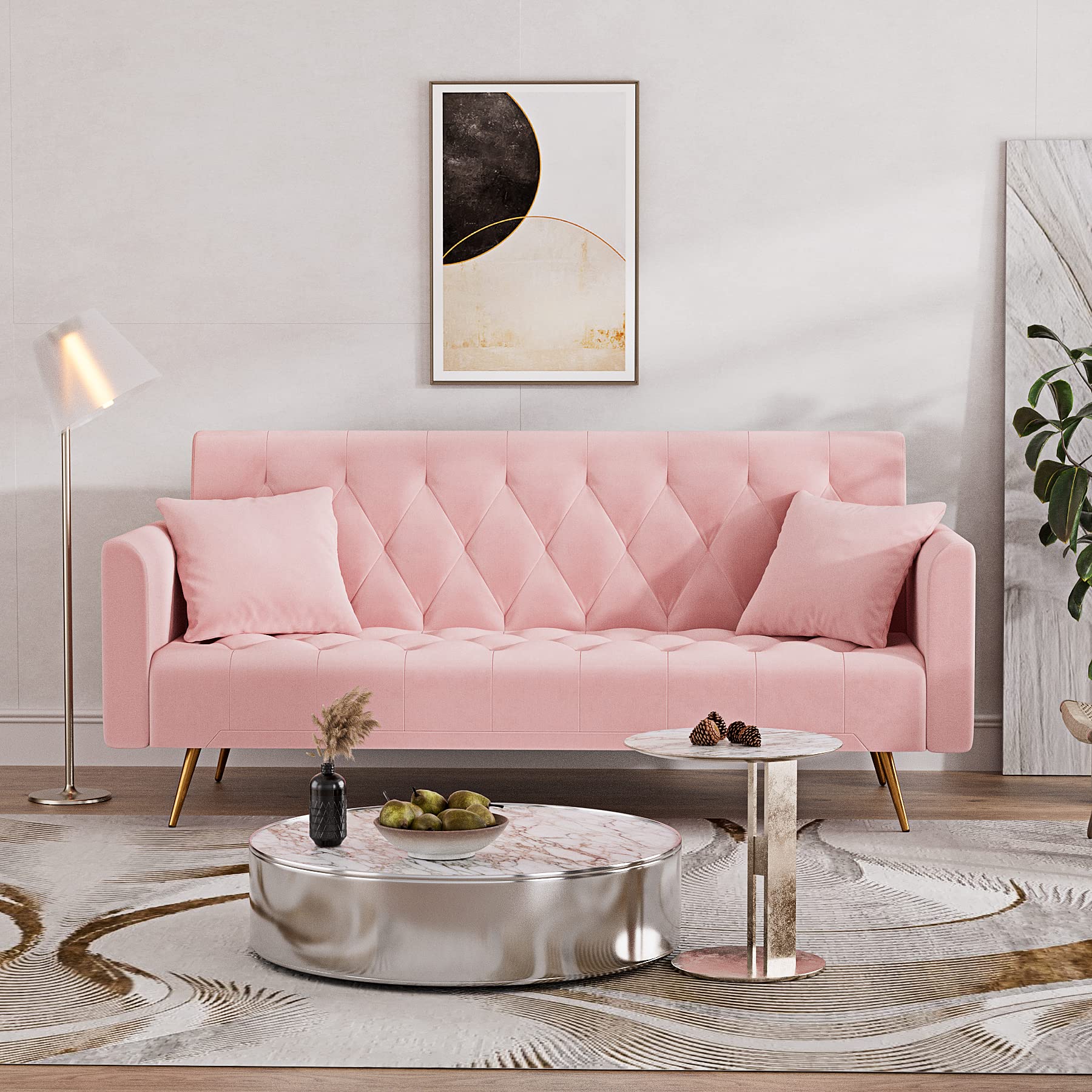 DAMAIFROM 71" Velvet Futon Sofa Bed, Modern Convertible Sleeper Sofa Loveseat, Tufted Futon Couch with Metal Legs for Small Living Room Office Bedroom, Pink