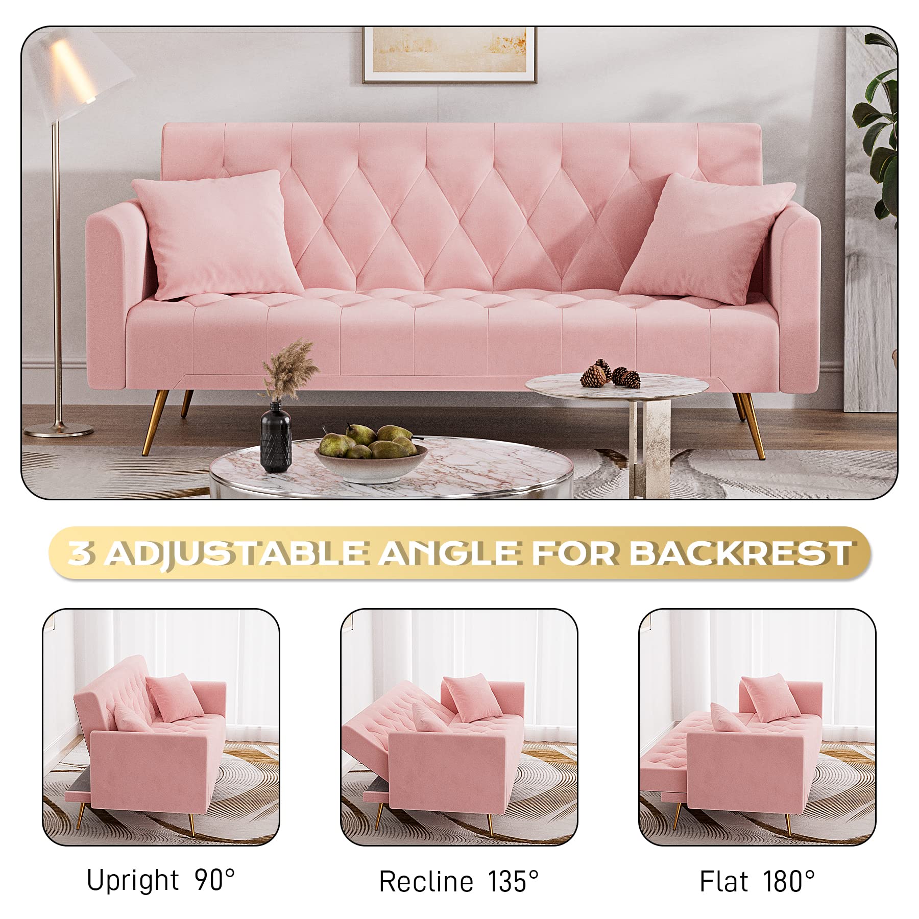 DAMAIFROM 71" Velvet Futon Sofa Bed, Modern Convertible Sleeper Sofa Loveseat, Tufted Futon Couch with Metal Legs for Small Living Room Office Bedroom, Pink