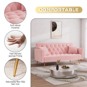 DAMAIFROM 71" Velvet Futon Sofa Bed, Modern Convertible Sleeper Sofa Loveseat, Tufted Futon Couch with Metal Legs for Small Living Room Office Bedroom, Pink