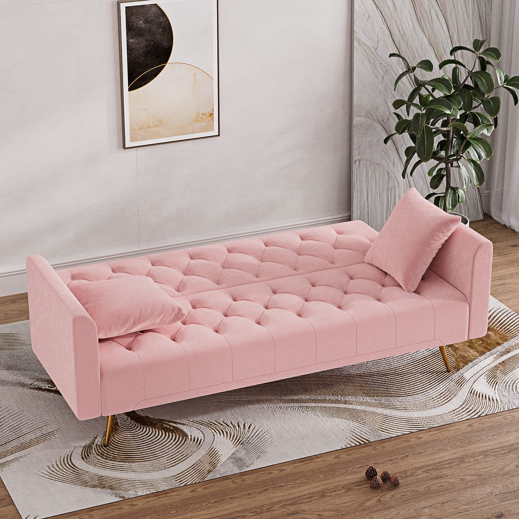 DAMAIFROM 71" Velvet Futon Sofa Bed, Modern Convertible Sleeper Sofa Loveseat, Tufted Futon Couch with Metal Legs for Small Living Room Office Bedroom, Pink