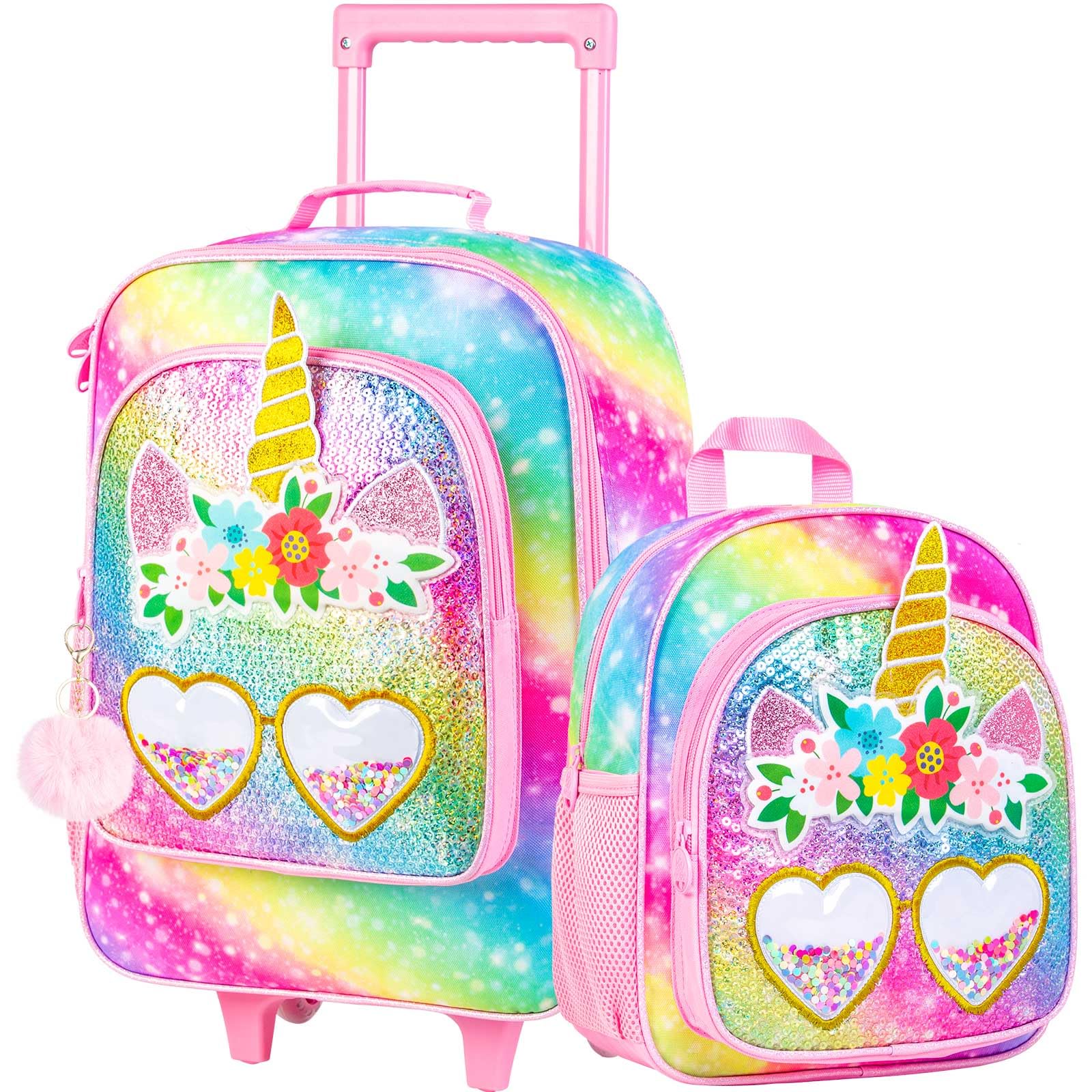 FTJCF 2PCS Kids Suitcase Set for Girls, 18" Cute Rainbow Sequin Unicorn Carry on Luggage with Wheels, Children Travel Rolling with 12" Toddler Backpack