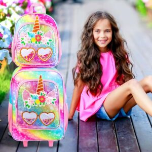 FTJCF 2PCS Kids Suitcase Set for Girls, 18" Cute Rainbow Sequin Unicorn Carry on Luggage with Wheels, Children Travel Rolling with 12" Toddler Backpack