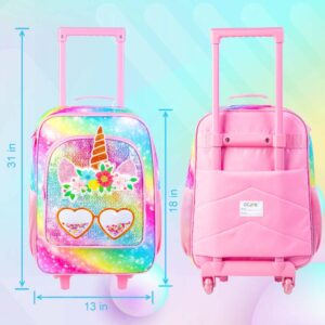 FTJCF 2PCS Kids Suitcase Set for Girls, 18" Cute Rainbow Sequin Unicorn Carry on Luggage with Wheels, Children Travel Rolling with 12" Toddler Backpack